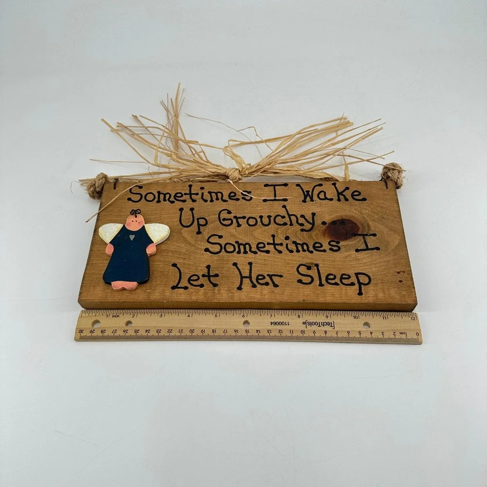 Handmade‎ Wooden Wall Plaque Sometimes I Wake Up Grouchy Angel Rustic Sign